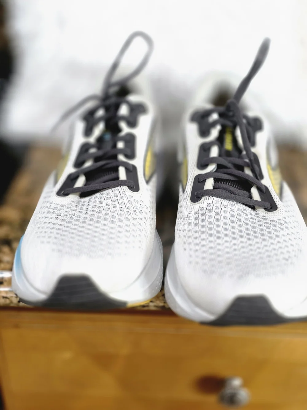Brooks White & Gray Running Shoes with Blue & Yellow Accents